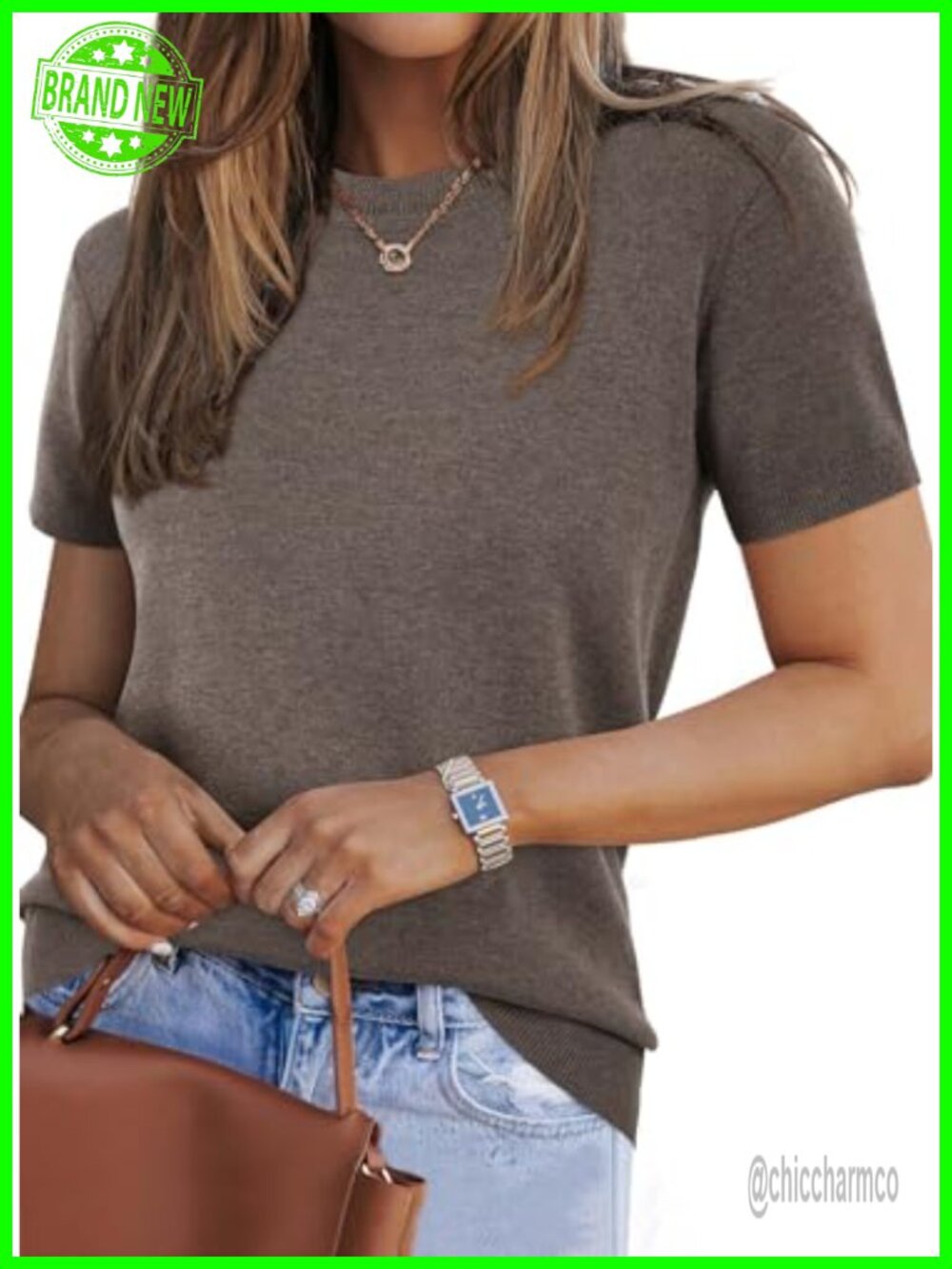 Wool Blend Short Sleeve Sweater Crew Neck Business Casual Pullover